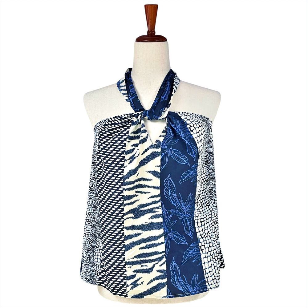 BANANA REPUBLIC NWT Silky Satin Mixed-Print Halter Blouse Blue Ivory Size S